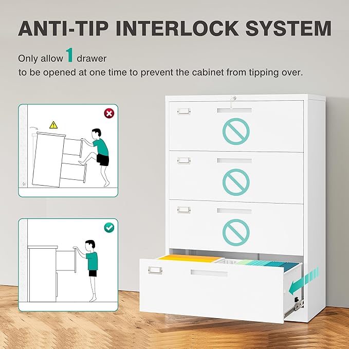 4 Drawer Lateral File Cabinet with Lock,White Lateral Filing Cabinet,Horizontal Metal Filing Cabinet,Locked Wide Four Drawer File Cabinet for Office Home,Fit A4/F4/Letter/Legal File,-Assembly Required