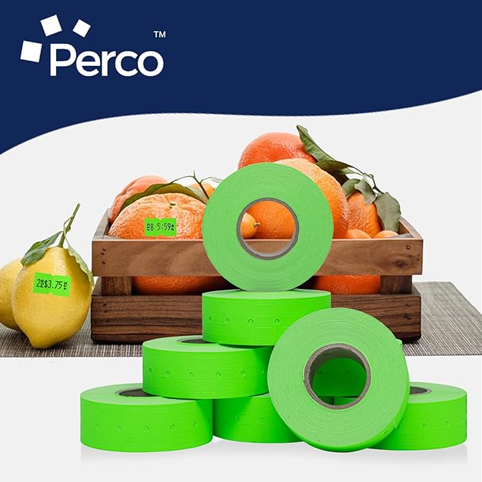 Perco 1 Line Fluorescent Green Labels - 8 Rolls, 1 Sleeve, 8,000 Blank Price and Date Gun Labels for Perco 1 Line Price and Date Guns - Made in USA