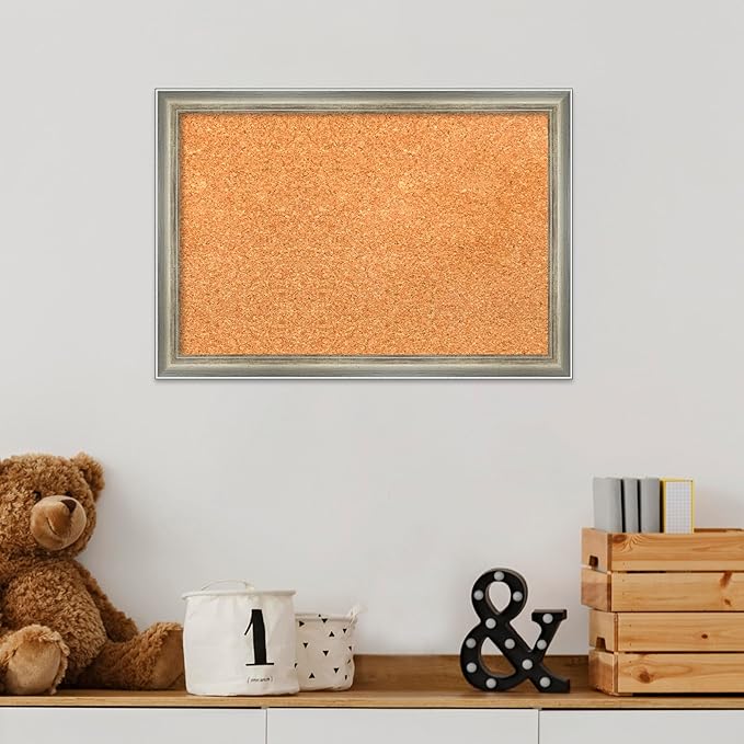 Amanti Art Natural Cork Board for Wall, 14x20 Vision Board with Silver Wood Frame, Small Corkboard Office Decor for Home Organization, Casual Corkboard Pinboard to Display Items for Home Organization