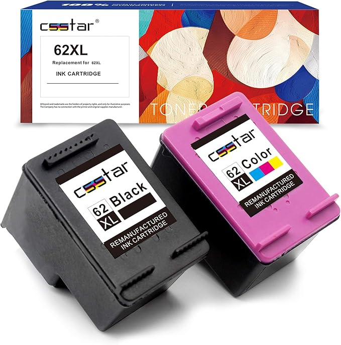 CSSTAR 62 XL Ink Cartridges Compatible Replacement Work with Envy 5660 5540 5640 7644 OfficeJet 8040 200 250 5741 5740 Printer(1 Black,1 Tri-Color)