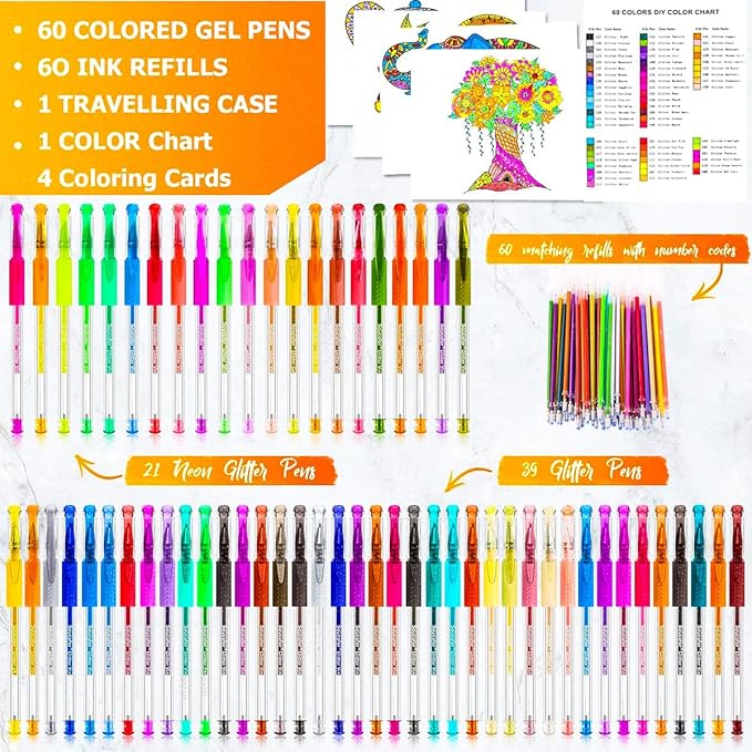 Soucolor Glitter Gel Pens for Adult Coloring Books, Back to School Supplies, 120 Pack-60 Glitter Pens, 60 Refills and Travel Case, 40% More Ink Markers Set for Drawing Doodling Journaling Art Supplies