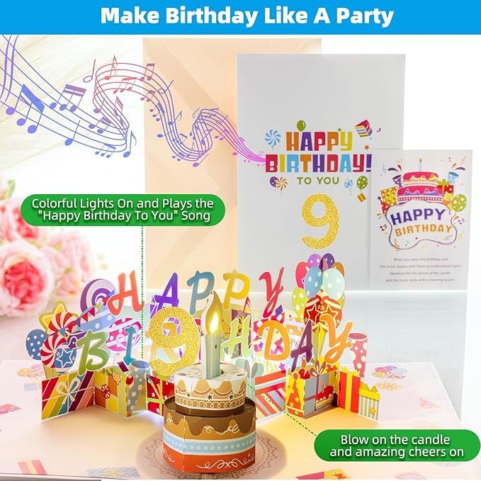 Gumry 9TH Musical Birthday PopUp Card, Blowable Colorful Light Candle 3D Cards with Song, Applause Cheers Sound, Greeting Cards Birthday Gifts Decorations for Daughter Son Turning 9 Years Old