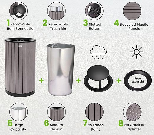 Alpine 32 Gallon Commercial Outdoor Trash Can - Heavy Duty Garbage Can Outdoor, Industrial Trash Can with Plastic Panels for Patio, Parks, Trails & Resorts (Rain Bonnet Lid - Grey)