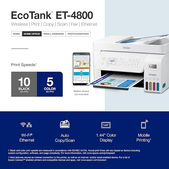 Epson EcoTank ET-4800 Wireless All-in-One Cartridge-Free Supertank Printer with Scanner, Copier, Fax, ADF and Ethernet – Ideal-for Your Home Office, White