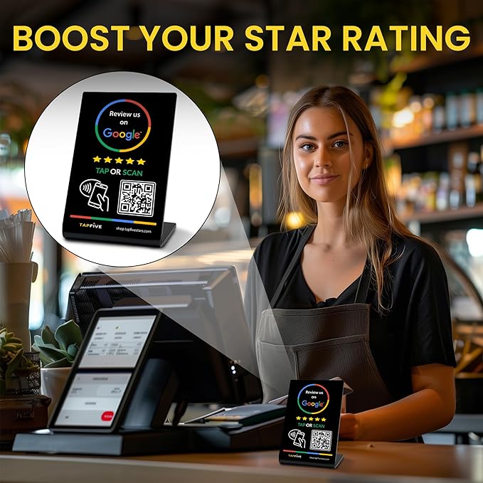 Tap Google Review Stands (5-Pack) Tap for Instant Reviews - All Phones Compatible - Reusable Smart Tap NFC & QR - Boost Business Reviews Zappy Fast - Powered (Black, 5 Stands)