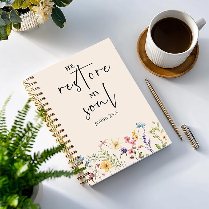 Bible Notebook, A5 Spiral Christian Journal with Floral Pink Butterfly Notebook, Bible Verse-He Restores My Soul, Inspirational Notebooks for Women, Bible Study, Gift for Birthday Christmas
