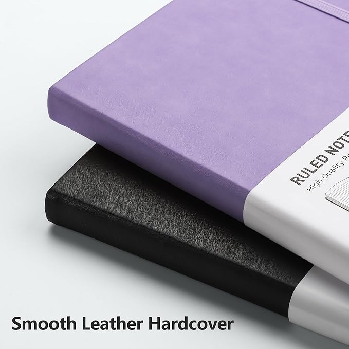RETTACY Lined Journal Notebook, 2-Pack, 192 Numbered Pages per Pack, A5 Medium Size (5.7'' x 8.3''), for Men & Women, Writing, Work, Leather Hardcover, 100 GSM Thick Paper (Black & Purple)