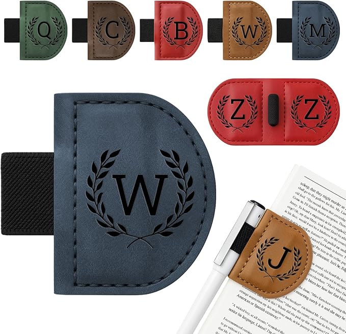 Personalized Bygone Mark Bookmark with Pen Holder,Engraving Leather Magnetic Bookmarks Vintage 26 Letters Name Initials Text Book Marker Clips Gifts for Reading Book Lovers Women (Blue, W)