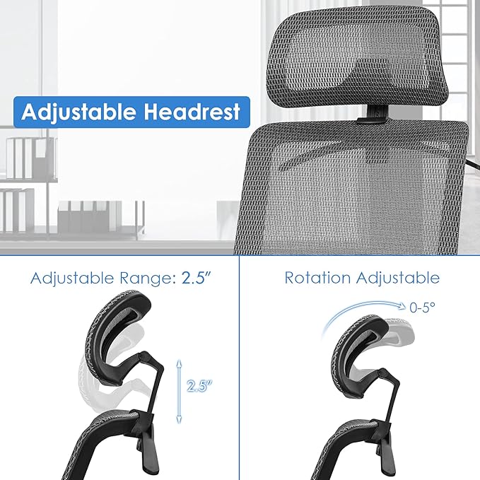 POWERSTONE Ergonomic Mesh Office Chair - High Back Computer Desk Tilt Lock Mesh Seat with Lumbar Support and Clothing Hanger, Executive Swivel Mesh Chair with Adjustable Arms and Headrest (Grey)