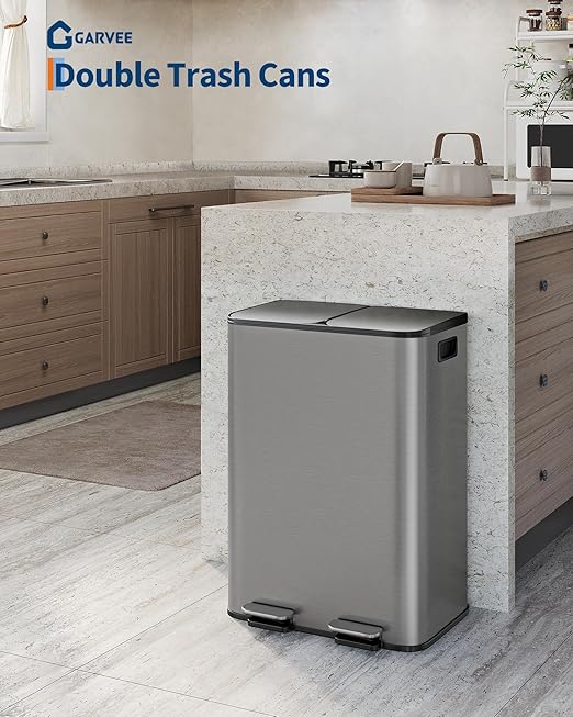 GarveeHome 2 x 8 Gallon Stainless Steel Double Trash Can with Lid for Kitchen, Large Dual Trash and Recycle Bin Combo, Step-on Kitchen Metal Garbage Cans, PP Inner Buckets, Liner Rim, Matte Grey