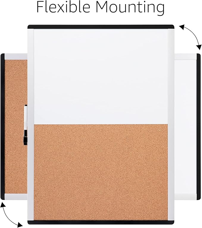 Amazon Basics Rectangular Magnetic Whiteboard & Cork Board Combo for Home, Office and Classroom, Plastic/Aluminum Frame, White,Yellow, 17" x 23"