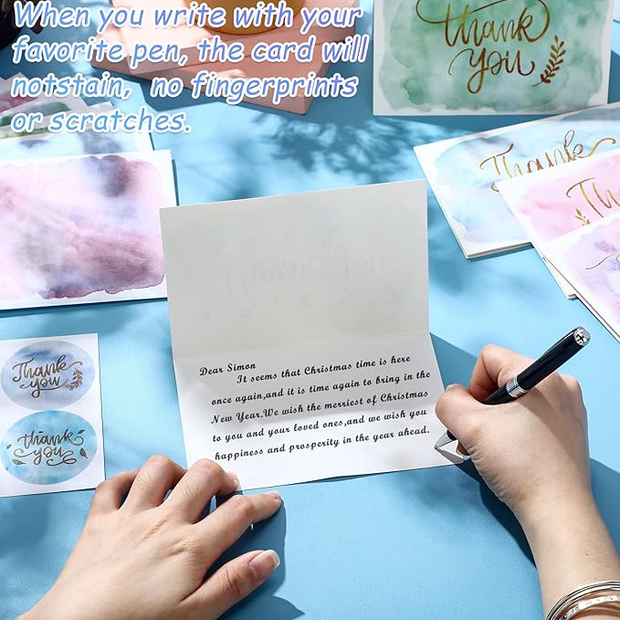 24 Pack Watercolor Thank You Cards with 24 Envelopes 24 Stickers 6 Designs Gold Letter Greeting Note Cards Thank You Notes Round Envelope Seal Stickers for Wedding Graduation(Cute Style)