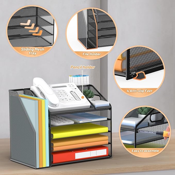 DocNest 5 Tier Paper Letter Tray File Organizer, Mesh Desk File with Handle, Workspace Desk Organizers with Pen Holder, Office Organization Storage Accessories - Black
