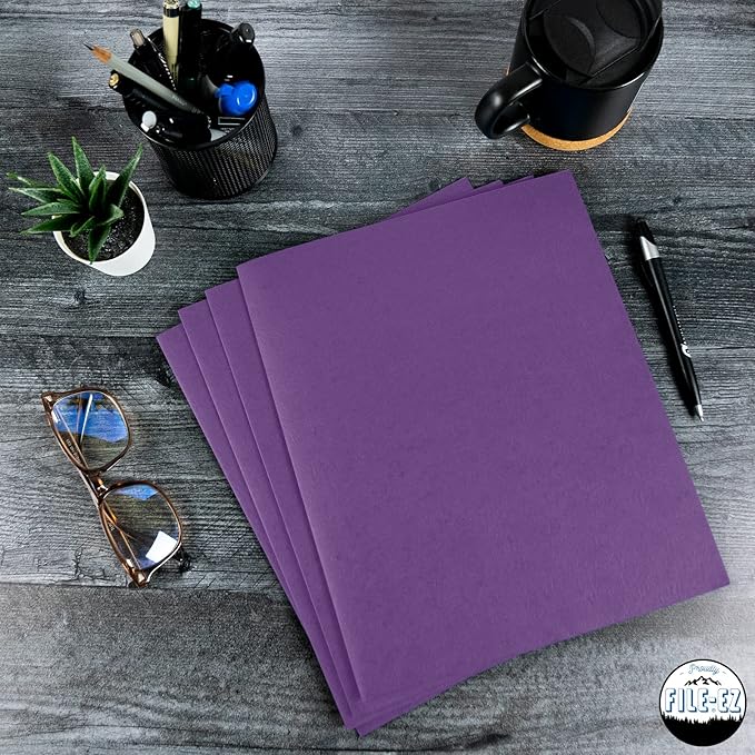 FILE-EZ Two-Pocket Folders, Purple, 125-Pack, Textured Paper, Letter Size (EZ-32445)