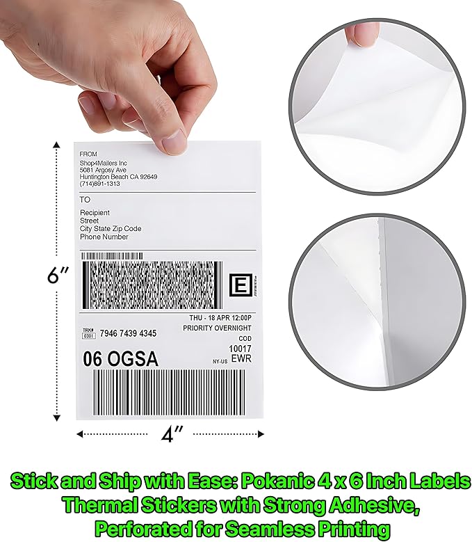 Fanfold 4 x 6 inch Thermal Labels Stack Direct White Strong Adhesive Perforated Postage Shipping Printer Compatible with Zebra SNBC Epson Rollo (500, Fanfold)