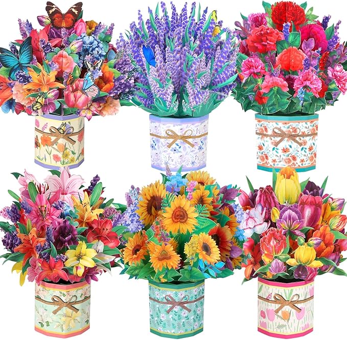 6 Pack Paper Flower Pop Up Cards, Flower Bouquet Card Popup 3D Greeting Cards for Mother's Day, Graduation, Anniversary, Birthday, Congratulations, Get Well, Home Decor, with Envelope and Note
