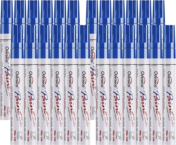 Overseas Blue Paint Pens Permanent Markers 24 Pcs, Oil Based Paint Markers Set, Quick Drying, Waterproof, Medium Tip Marker Pens for Metal, Rock, Wood, Plastic, Canvas, Glass, Stone, Rubber, Paper