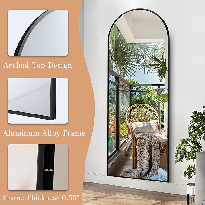 64"x21" Arched Full Length Mirror, Elegant Full Body Mirror with Stand for Bedroom & Cloakroom, Black