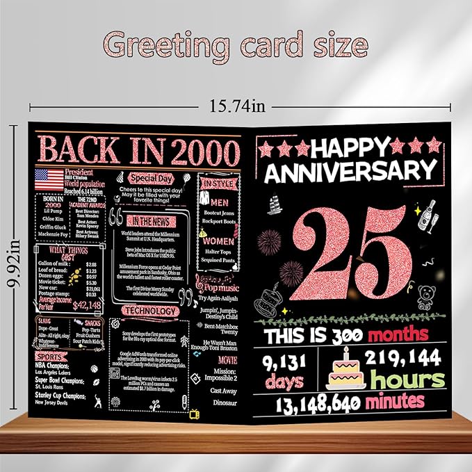 Joycard 25th Anniversary Card for Women, Silver Wedding Card for Wife, Sweet Marriage Decorations Gifts for Couple, Perfect for Her on Anniversary Day, Back in 2000