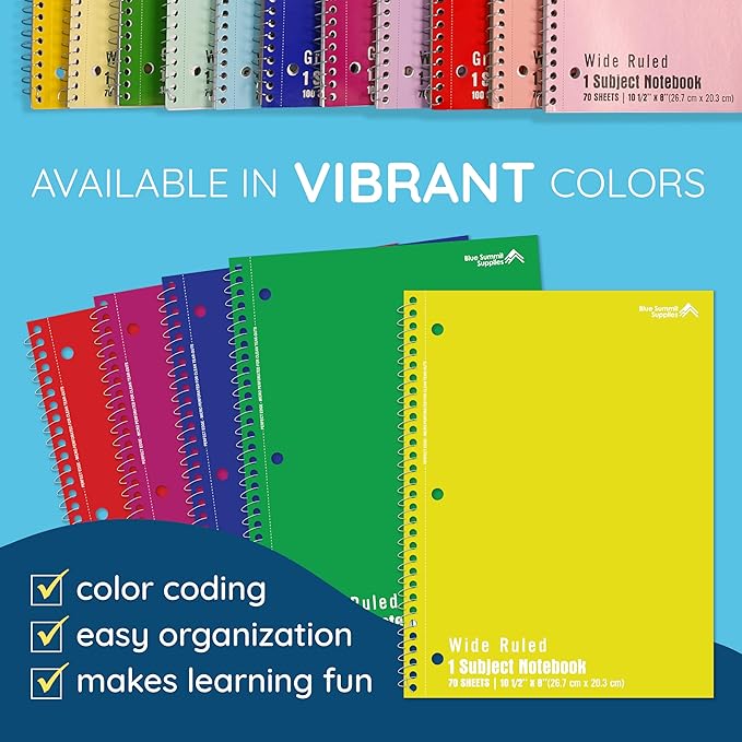 Blue Summit Wide Ruled Spiral Notebooks Bulk, 1 Subject Spiral Notebook Wide Ruled, Paper School Bulk Notebooks, 48 Pack