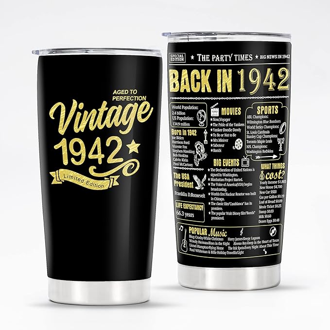Happy 82th Birthday Tumblers Gifts for Men Women, Back in 1942 Stainless Steel Tumblers Gifts, 1942 82 Years Old Birthday Gift For Wife Husband Mom Dad