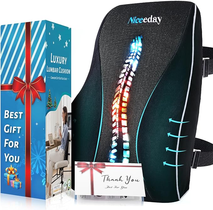Lumbar Support Pillow for Office Chair Car, Gaming Chair Lower Back Pain Relief Memory Foam Cushion with Greeting Card,3D Mesh Cover Ergonomic Orthopedic Back Rest,Happy Birthday Gift Box for Women