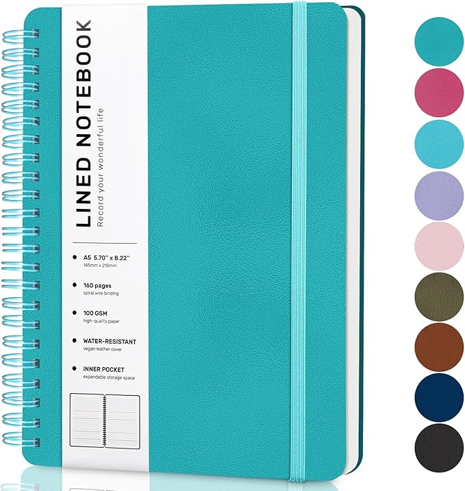 Turquoise Lined Spiral Journal Notebook with 160 Pages, 8×5.7in, A5 Spiral Notebook, Journaling Notebooks for Work, School, Women, Men, College Ruled Spiral Notebook, Hardcover Leather Journals