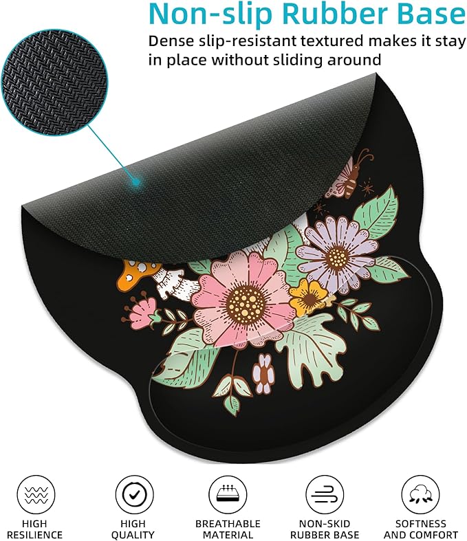 Ergonomic Mouse Pad with Wrist Support,Black Mushroom Mouse Pad with Wrist Rest,Relieve Wrist Pain Mousepad Non-Slip Rubber Base,Mouse Pads for Desk,Computers,Laptop,Office,Gaming,Accessories