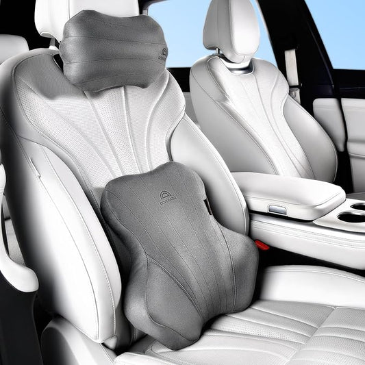 Coverado Car Lumbar Support Pillow and Car Neck Pillow Kit, Ergonomic Design Car Headrest Pillow for Driving, Relax Back Head Muscles Relieve Driving Fatigue, Breathable & Removable Cover, Gray