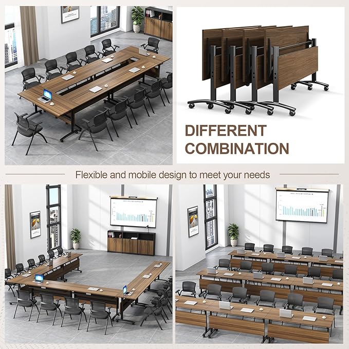 Folding Conference Room Table, Modern Conference Tables with Wheels, Large Rectangular Mobile Training Tables for Office Classroom, Foldable Modular Boardroom Seminar Table Walnut (2pack L55.1in)