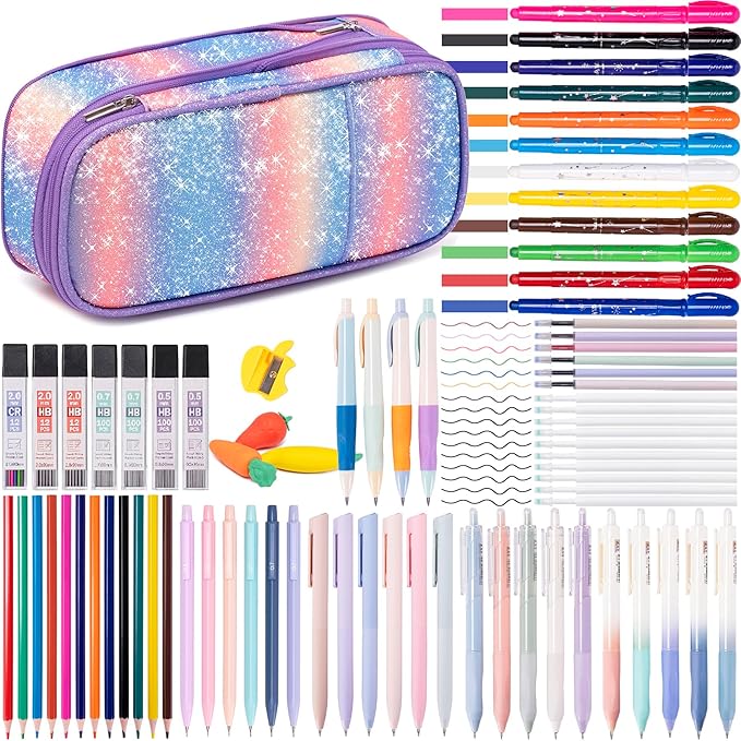 78 PCS Writing & Drawing Set with Cute Pen Case, Office Back to School Supplies Stationary 12 Pastel No Bleed Highlighters, 10 Mechanical Pencils Set 0.5 0.7 & 2.0mm, 6 Colored And 10 Black Gel Pens