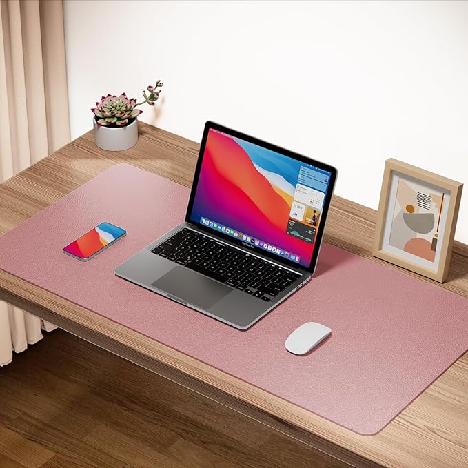 Boutilon Leather Desk Pad 24"x 14" Non-Slip Mouse Pad,Office Desk Mat,Waterprooft PU Leather Desk Blotter,Desk Pad Protector,Desk Writing Pad for Home Office Decor (S-Pink)
