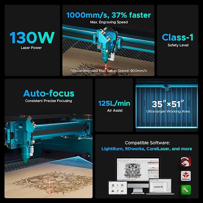 OMTech Pronto 130W CO2 Laser Engraver | 51" × 35" Laser Cutting Machine with Autofocus | 2-Way Pass, Air Assist, Red Dot Pointer | Ideal for Wood, Glass, Acrylic, and More