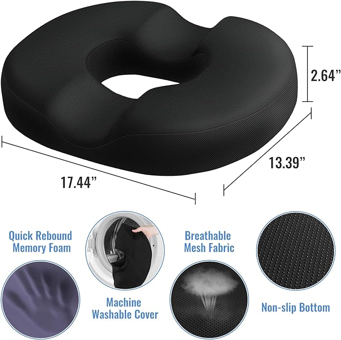 Donut Pillow Seat Cushion Chair Pad for Tailbone Pain Relief and Hemorrhoids, Memory Foam Seat Chair Cushion for Postpartum Pregnancy, Seat Cushions for Men and Women for Home & Office, (Black)