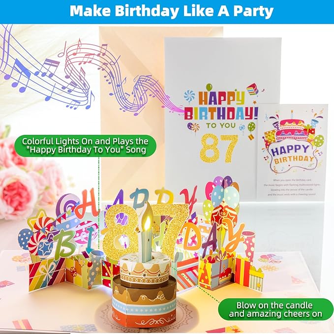 Gumry 87TH Musical Birthday PopUp Card, Blowable Colorful Light Candle 3D Cards with Song, Applause Cheers Sound, Greeting Cards Birthday Gifts Decorations for Women Men Turning 87 Years Old