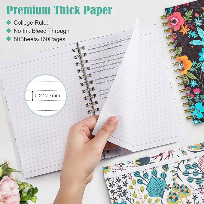 Spiral Notebook, 4 Pack A5 Lined Journal for Women, Hardcover Spiral Journal with 2 Pockets, College Ruled Notebooks, Cute Notebook for Office, School Supplies, Gifts (160 Pages, 6.3" x 8.46")