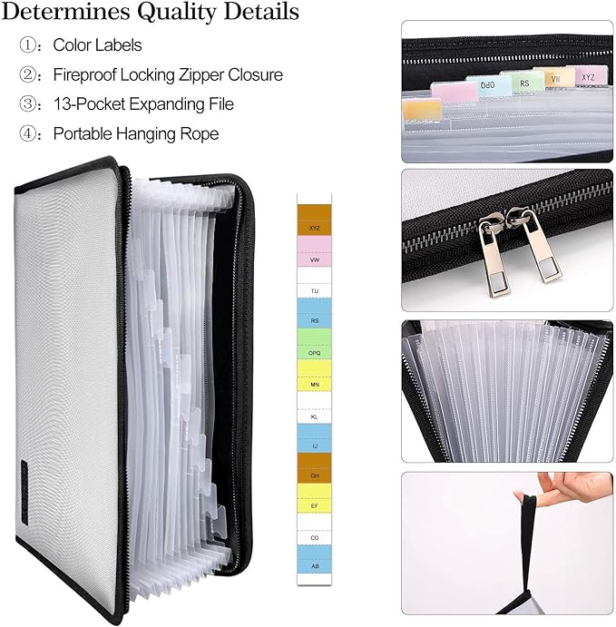 ENGPOW Expanding File Folder Important Document Organizer Fireproof and Waterproof Document Bag with A4 Size 13 Pockets Zipper Closure Non-Itchy Silicone Coated Portable Filing Wallet Pouch(Silver)