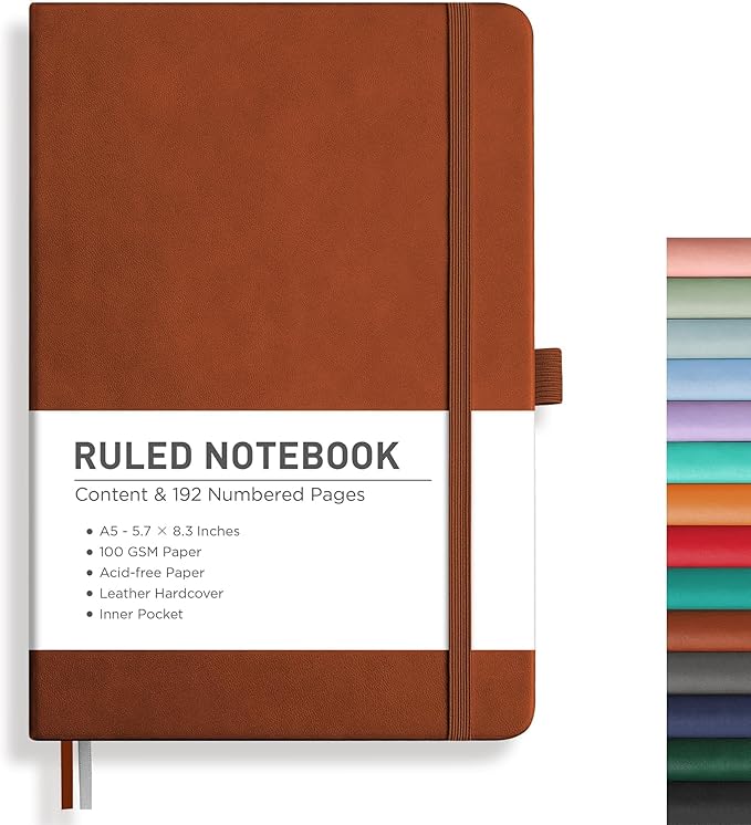 RETTACY Lined Journal Notebook, 192 Numbered Pages, A5 Medium Size (5.7'' x 8.3''), for Men & Women, Journaling, Writing, Work & Office, Leather Hardcover, 100 GSM Thick Paper (Brown)