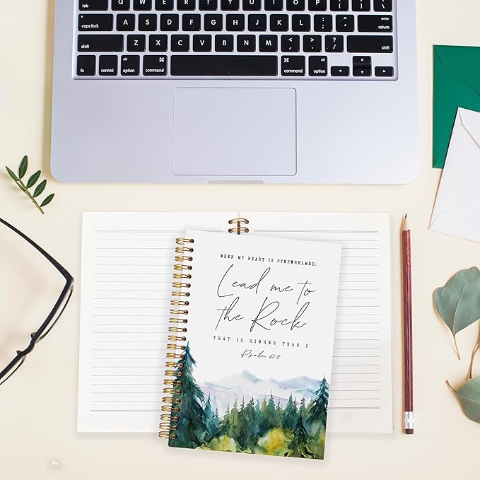 BearCake Christian Notebook Journal, Prayer Journal for Women, Lead Me To the Rock That is Higher Than I Bible Notebooks for Note Taking, Watercolor Woodland Hardcover Spiral Notebook 5.5x8.3