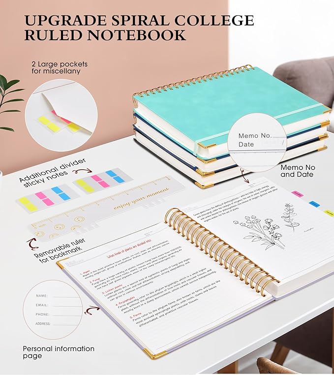 Spiral Notebook Journal 5.75” x 8.38”, 300 Pages Hardcover Leather Lined Journals for Women Men, A5 Small College Ruled Notebooks with 100 GSM Thick Paper, Spiral Journal for Writing Work, Purple