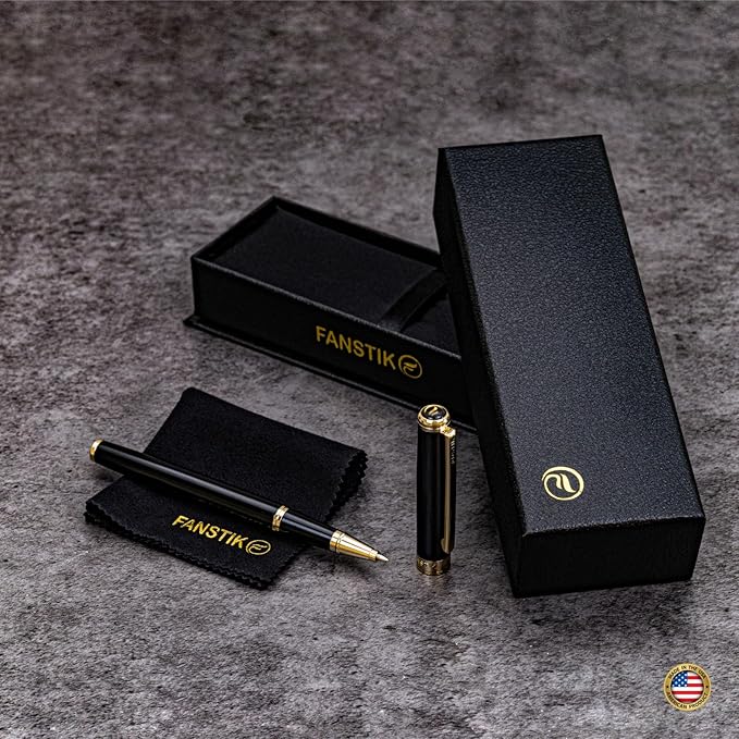 Black & Gold Luxury Rollerball pen (Made In USA) fancy gift set for women, Real 24K Gold Plating, Professional executive pen gift set for men (Lux Rollerball Black-Gold)