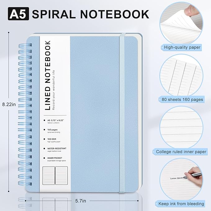 Lined Spiral Journal Notebook, A5 Hardcover Leather Notebook for Work, 5.7''×8.2'', 100GSM Thick Paper Spiral Bound Journaling Notebook for Women Men Office School Note Taking Business, Morandi Blue