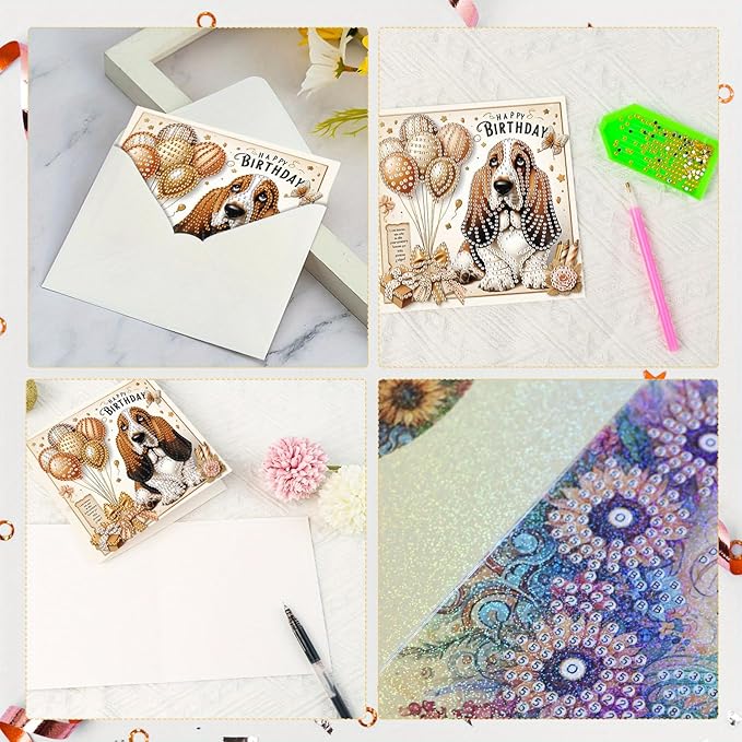 Tontut 6 Pieces Diamond Art Painted Greeting Cards, Horse Puppy Balloon 5D DIY Special Shape Diamond Card Creative Gifts, Christmas Thanksgiving Greeting Card Congratulation
