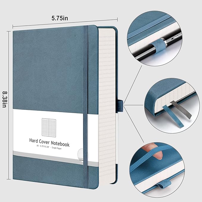 AHGXG Graph Paper Notebook - 320 Pages Grid Notebook Thick Journal A5, 100gsm Thick Graph Paper, Leather Hardcover, Inner Pocket,5.75'' × 8.38''- GrayBlue