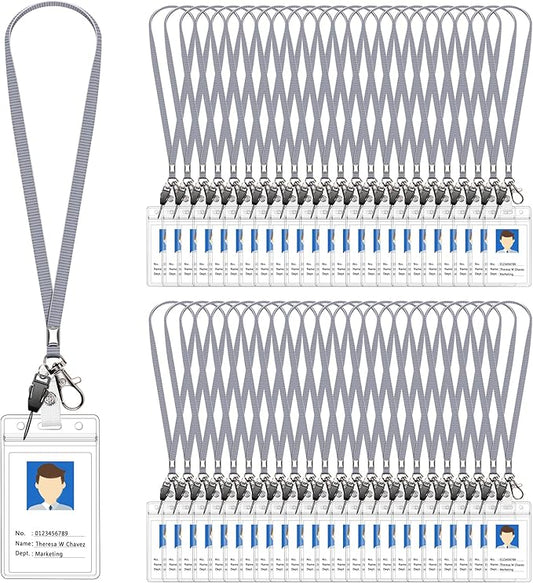 60 Pack Neck Lanyard with ID Badge Holder, Office Strap Bulk Lanyards, Stainless Metal Swivel Hook for Name Tag, Badge Holders, Keychains, Card, Grey