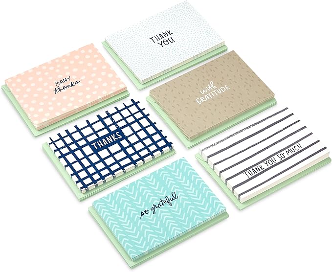 Hallmark Minimalist Thank You Note Card Assortment (48 Blank Cards with Envelopes) Mint Chevron, Blush Polka Dot, Stripes