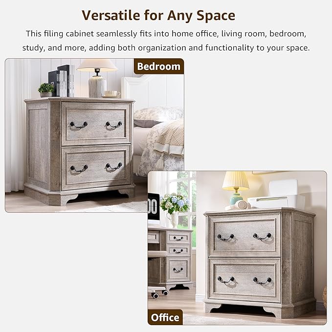 T4TREAM 2 Drawer File Cabinet-30 Wide Wooden Extended Desktop, Farmhouse Filing Cabinet with Smooth Rails, Holds Letter/Legal/A4, Hexagonal Design & Framed Drawer Fronts, Light Rustic Oak