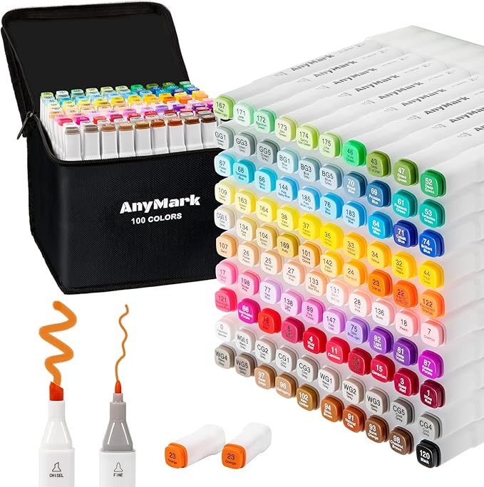 AnyMark Alcohol Markers, 100 Colors Dual Tip Art Coloring Markers Set for Kids Adult Book Drawing Sketching Painting, Chisel & Fine, White Penholder