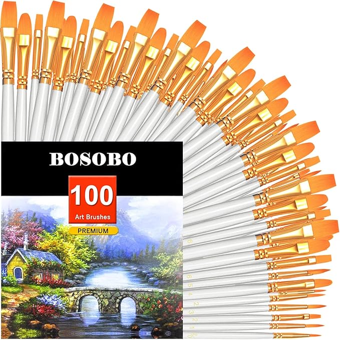 BOSOBO Paint Brushes Set, 10 Pack 100 Pcs Round Pointed Tip Paintbrushes Nylon Hair Artist Acrylic Paint Brushes for Acrylic Oil Watercolor, Face Nail Art, Miniature Detailing & Rock Painting, White