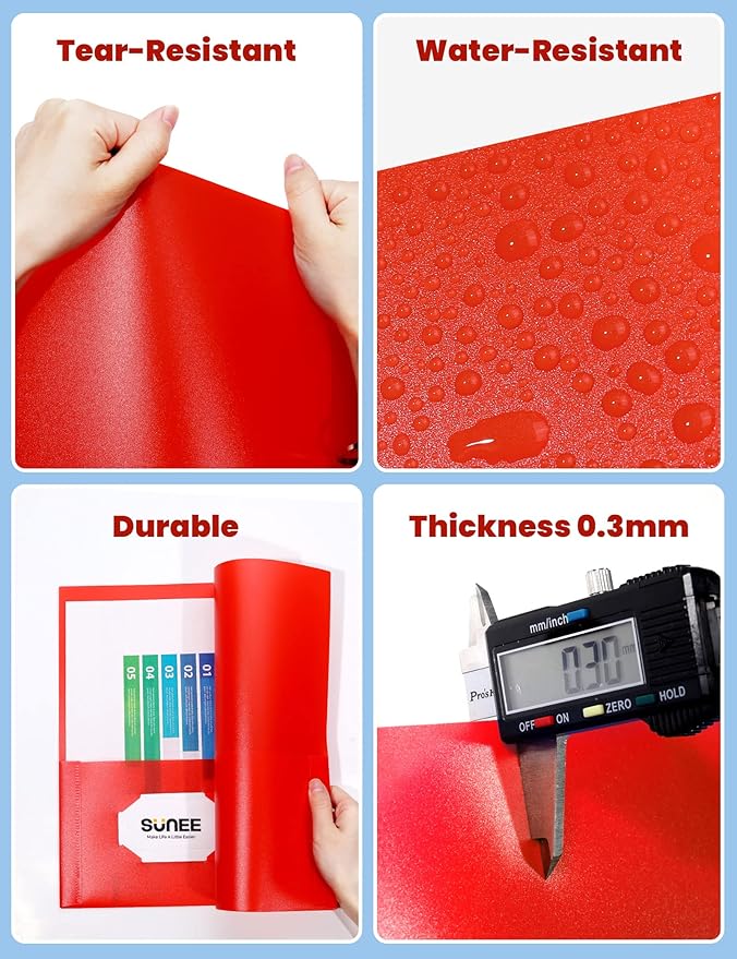 SUNEE 2 Pocket Folders (12 Pack, Red) Heavy-Duty Plastic Folders with Pockets, Fit 8.5x11 Letter Size Paper, 2-Pocket File Folders for Kids, Home, School, Office